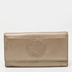 Gucci Metallic Beige Leather Soho Flap Continental Wallet
