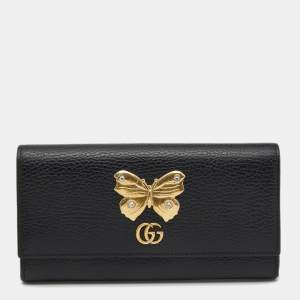 مملوكة مسبقًا Gucci Black Leather Butterfly Farfalla Continental Wallet