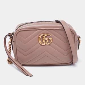 Pre Owned Gucci Beige Matelassé Leather Mini GG Marmont Camera Bag