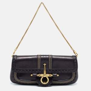 Pre Owned Gucci Black Leather Snaffle Bit Chain Clutch
