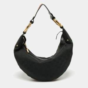 Pre Owned Gucci Black GG Canvas and Leather Medium Web Bamboo Ring Hobo