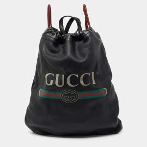 Gucci Black Leather Logo Drawstring Backpack