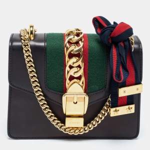 Pre Owned Gucci Black Leather Mini Web Chain Sylvie Crossbody Bag