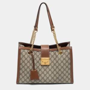 Pre Owned Gucci Beige/Ebony GG Supreme Canvas and Leather Medium Padlock Tote
