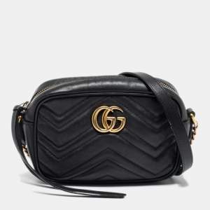 Pre Owned Gucci Black Matelassé Leather Mini GG Marmont Camera Bag