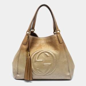 Pre Owned Gucci Metallic Gold Ombre Pebbled Leather Medium Soho Hobo