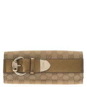 مملوكة مسبقًا Gucci Beige Guccissima Canvas and Gold Leather Buckle Continental Wallet