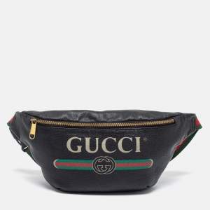 Pre Owned Gucci Black Pebbled Leather Small Logo Web Belt Bag