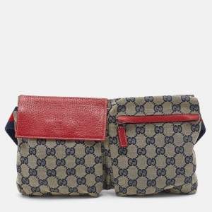Pre Owned Gucci Beige/Red GG Canvas And Leather Double Pocket Belt Bag