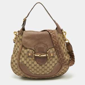 Pre Owned Gucci Beige/Brown GG Canvas and Leather Large New Pelham Horsebit Hobo