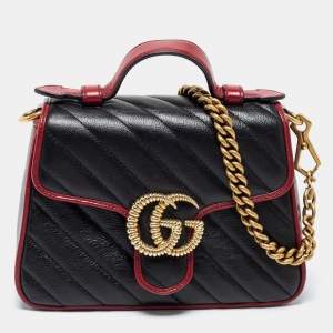 Gucci Black/Red Matelassé Leather Mini Marmont Top Handle Bag
