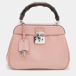 Pre Owned Gucci Pink Leather Lady Lock Bamboo Top Handle Bag