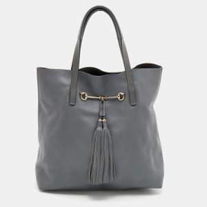 Pre Owned Gucci Ash Grey Leather Tassel Horsebit Tote