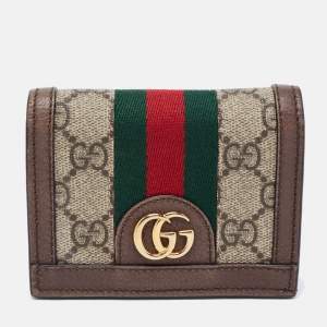 Pre Owned Gucci Brown GG Supreme Canvas and Leather Web Ophidia Card Case Wallet