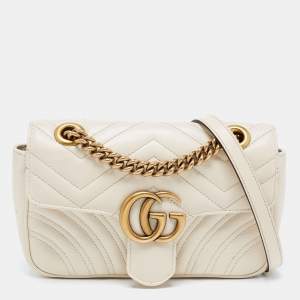 Pre Owned Gucci Off White Matelassé Leather Mini GG Marmont Shoulder Bag