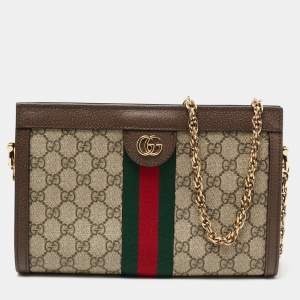Pre Owned Gucci Beige/Ebony GG Supreme Canvas and Leather Small Ophidia Shoulder Bag