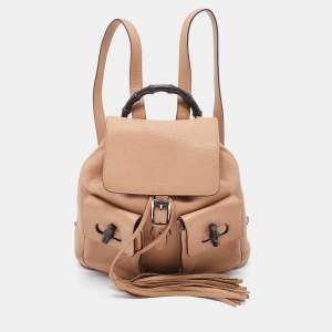 Pre Owned Gucci Beige Leather Tassel Bamboo Backpack