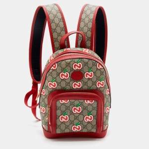 Pre Owned Gucci Beige/Red GG Supreme Canvas and Leather Small Backpack