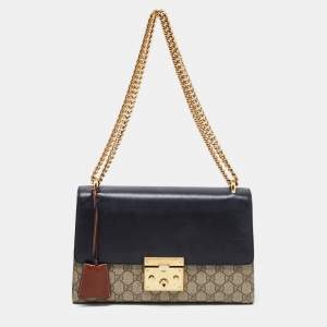 Pre Owned Gucci Beige/Black GG Supreme Canvas and Leather Medium Padlock Shoulder Bag