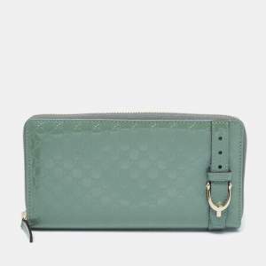 Gucci Teal Green Microguccissima Patent Leather Zip Around Wallet