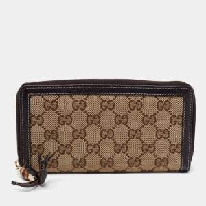 مملوكة مسبقًا Gucci Beige/Brown GG Canvas And Leather Bamboo Zip Around Wallet