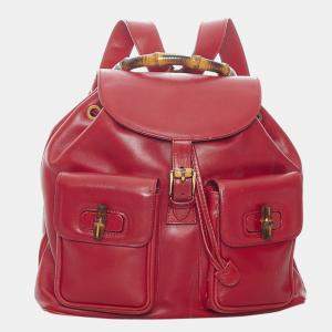 Pre Owned Gucci Red Leather Bamboo Backpack