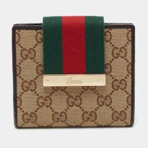 Gucci Beige/Brown GG Canvas and Leather Web Flap French Wallet