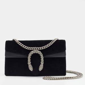 Pre Owned Gucci Black Velvet And Leather Super Mini Dionysus Shoulder Bag