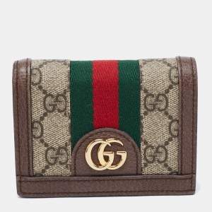 Pre Owned Gucci Beige/Brown GG Supreme Canvas and Leather Ophidia Compact Wallet