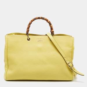 مملوكة مسبقًا Gucci Yellow Lime Leather Large Bamboo Handle Shopper Tote  