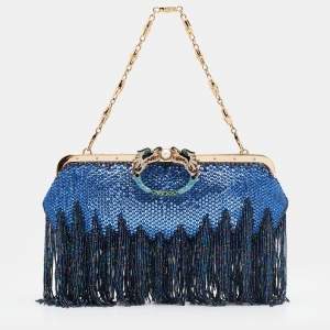 Pre Owned Gucci Blue/Purple Crystal and Satin Fringe Dragon Embellished Evening Bag