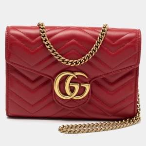 Gucci Red Matelasse Leather GG Marmont Wallet On Chain