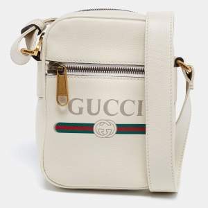 Gucci White Leather Logo Messenger Bag