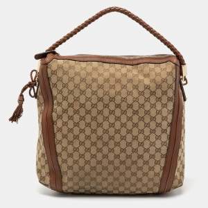 Pre Owned Gucci Beige/Brown GG Canvas And Leather Medium Bella Hobo