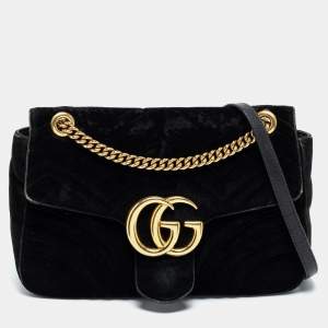 Gucci Black Velvet GG Marmont Matelassé Flap Chain Shoulder Bag