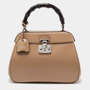 Pre Owned Gucci Beige Leather Lady Lock Bamboo Top Handle Bag