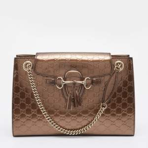 Pre Owned Gucci Dark Beige Guccissima Patent Leather Large Emily Chain Shoulder Bag