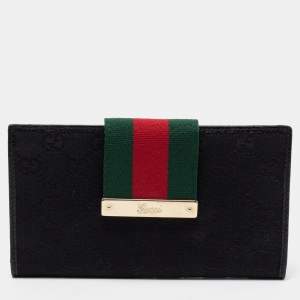 Pre Owned Gucci Black GG Canvas and Leather Web Flap Continental Wallet