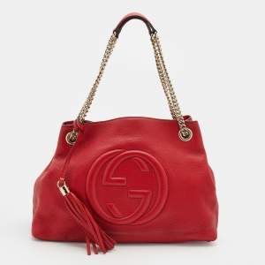 Pre Owned Gucci Red Grained Leather Medium Soho Chain Tote