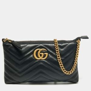 Gucci Black Matelasse Leather GG Marmont Chain Shoulder Bag