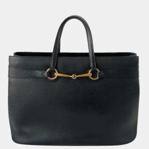 Gucci Black Leather Large Horsebit Tote Bag