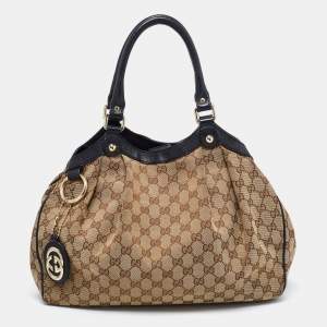 Pre Owned Gucci Beige/Black GG Canvas And Leather Medium Sukey Tote