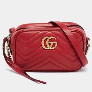 Gucci Red Matelassé Leather Mini GG Marmont Camera Bag