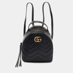 Pre Owned Gucci Black Matelassé Leather GG Marmont Backpack