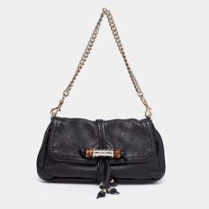 مملوكة مسبقًا Gucci Black Leather New Bamboo Tassel Shoulder Bag