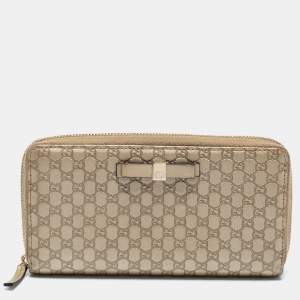 Gucci Metallic Beige Microguccissima Leather Bow  Zip Around Wallet