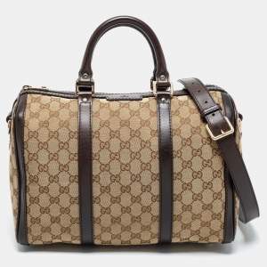 مملوكة مسبقًا حقيبة غوتشي جوي بوسطن جلد وكانفاس GG سوبريم بني داكن / بيج متوسطة