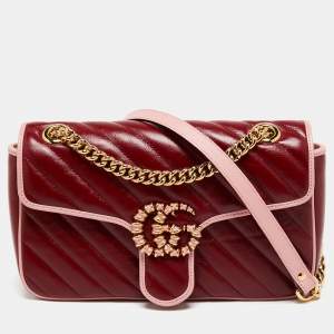 Gucci Red/Pink Diagonal Quilt Leather Small Enamel GG Marmont Shoulder Bag