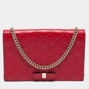 Gucci Red Guccissima Leather Flap Wallet on Chain  