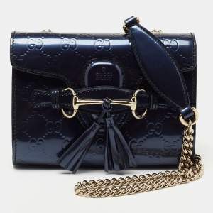 Pre Owned Gucci Blue Guccissima Patent Leather Mini Emily Crossbody Bag